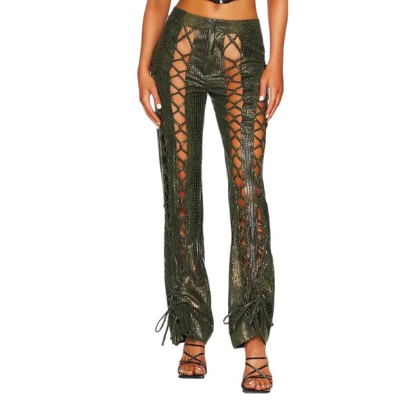 Kim Shui Lace-Up Green Croc Pants Straight Leg Textured Bold Unique Size Small
